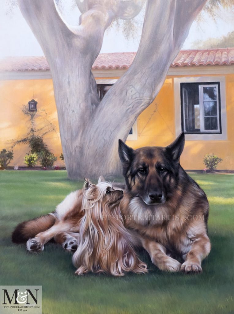 Leya and Jack in front of their Portugal home in dappled sunlight