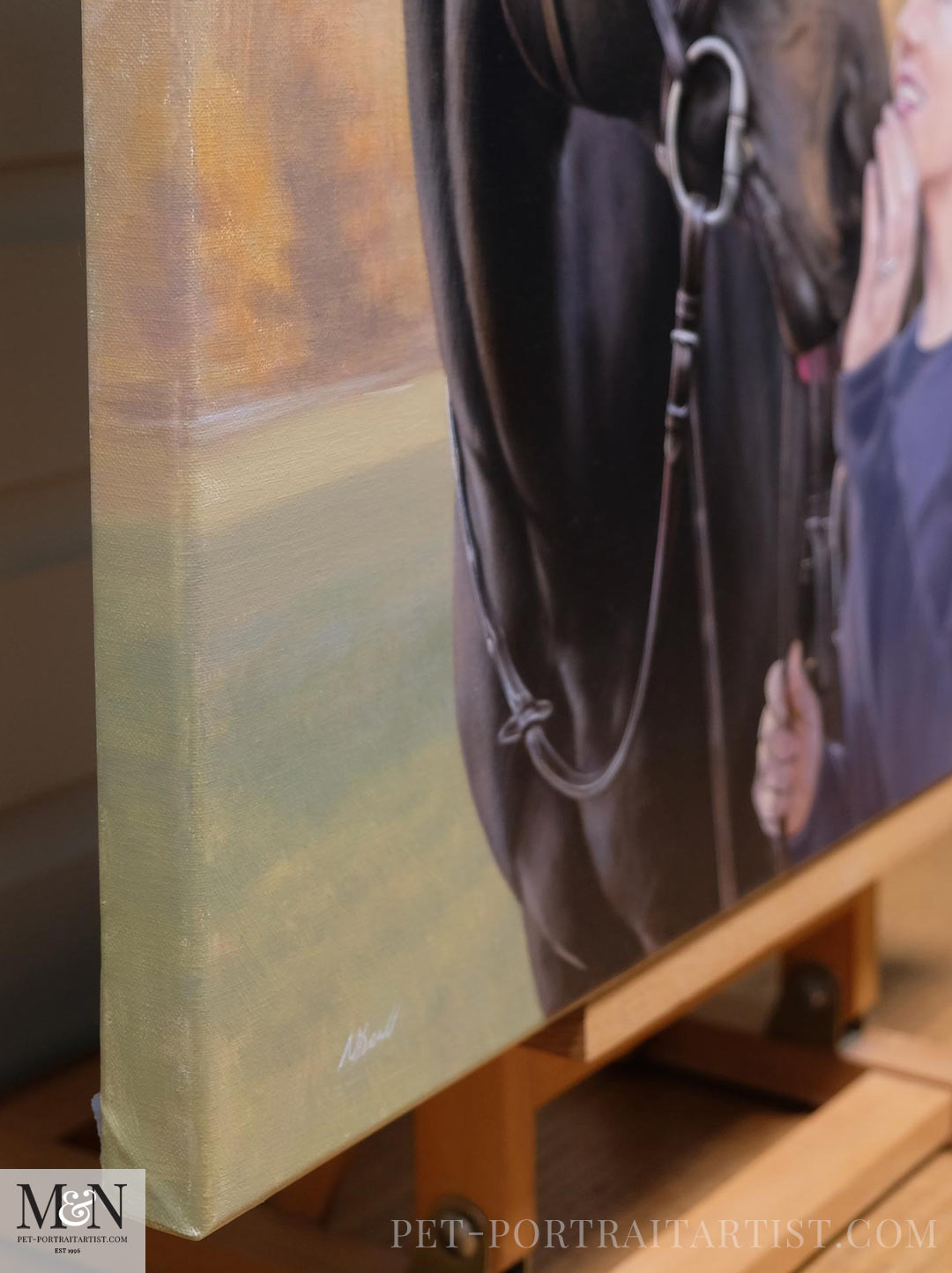 Close up photo of an oil painting with the edges of the canvas painted to match the front of the painting. 