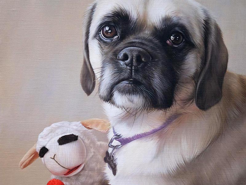 Realistic Oil Painting of a Puggle and Toy