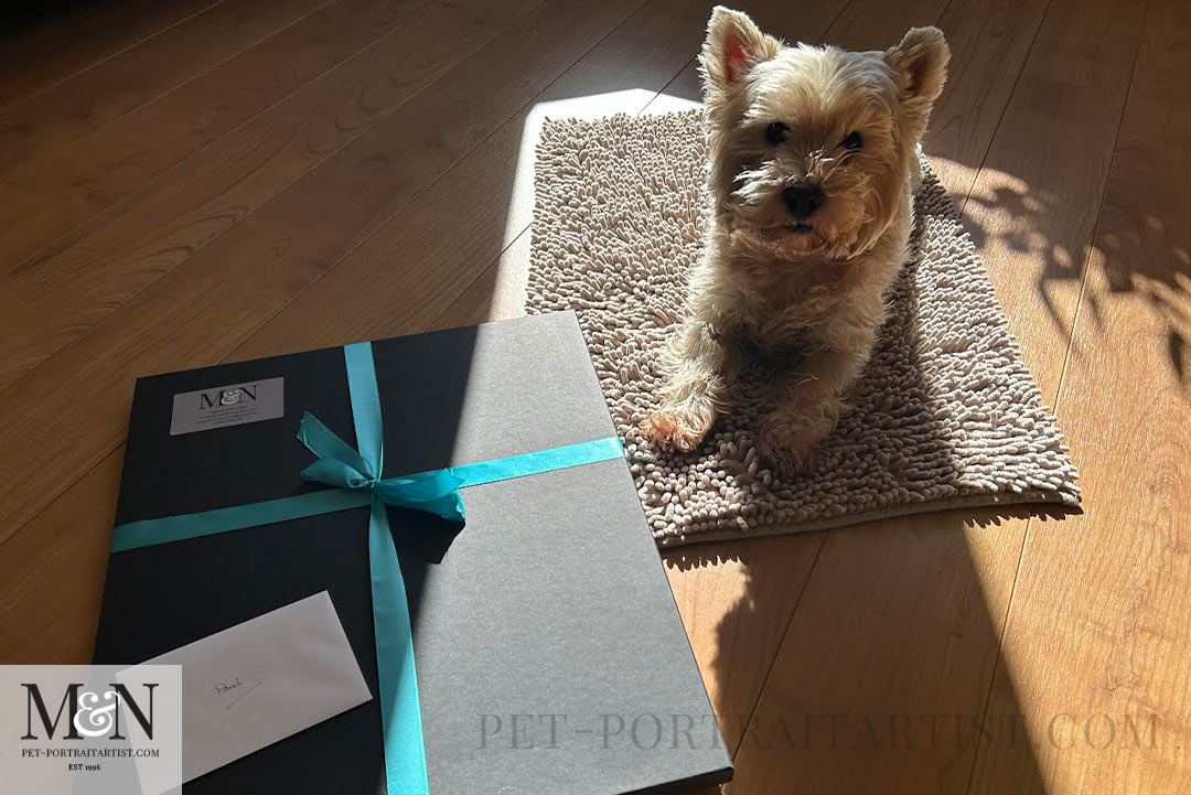 how to find a pet portrait artist using AI in 2026 Rory with his portrait.